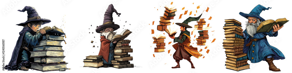Obraz premium Wizards engaging in magical library activities at twilight, surrounded by towering stacks of ancient tomes