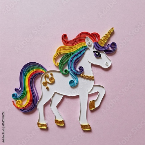 Magical paper quilling unicorn with a rainbow mane and intricate golden accents. photo