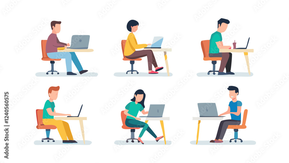 set of characters working with smartphone, laptop or computer, postures and poses illustration collection, business people set set of characters working with smartphone, laptop or computer, postures and poses illustration collection, business people set