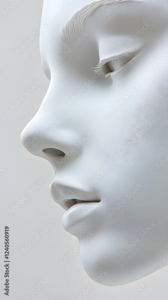 42. A close-up of a face with a pronounced nose bridge and smooth features, soft bone structure visible, white background 42. A close-up of a face with a pronounced nose bridge and smooth features, soft bone structure visible, white background
