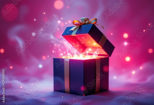 Magical glowing gift box with sparkles on purple background. Open present with light beams and bokeh effect. Holiday surprise box. Christmas and birthday concept with copy space