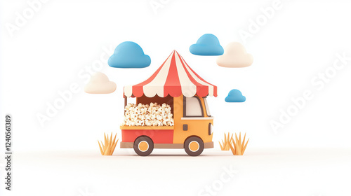 colorful popcorn food truck with fun design, surrounded by clouds and grass, evokes cheerful atmosphere. Perfect for events and gatherings
