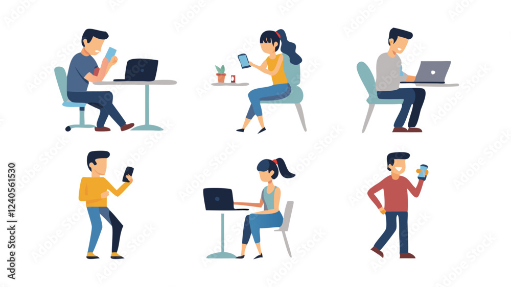 set of characters working with smartphone, laptop or computer, postures and poses illustration collection set of characters working with smartphone, laptop or computer, postures and poses illustration collection