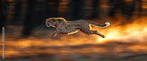 Cheetah sprints at sunset, African savanna background. Wildlife photography for nature documentaries