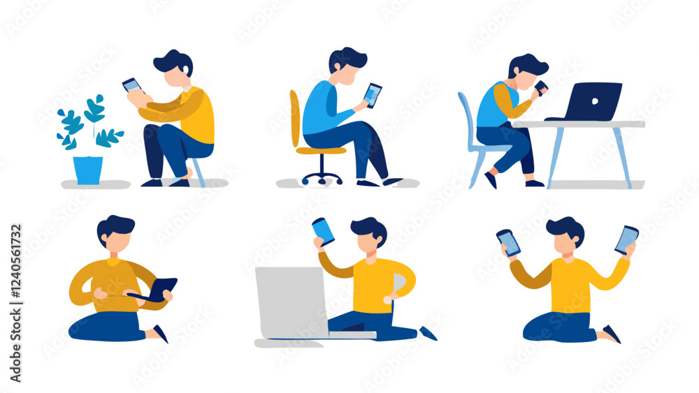 set of characters working with smartphone, laptop or computer, postures and poses illustration collection set of characters working with smartphone, laptop or computer, postures and poses illustration collection