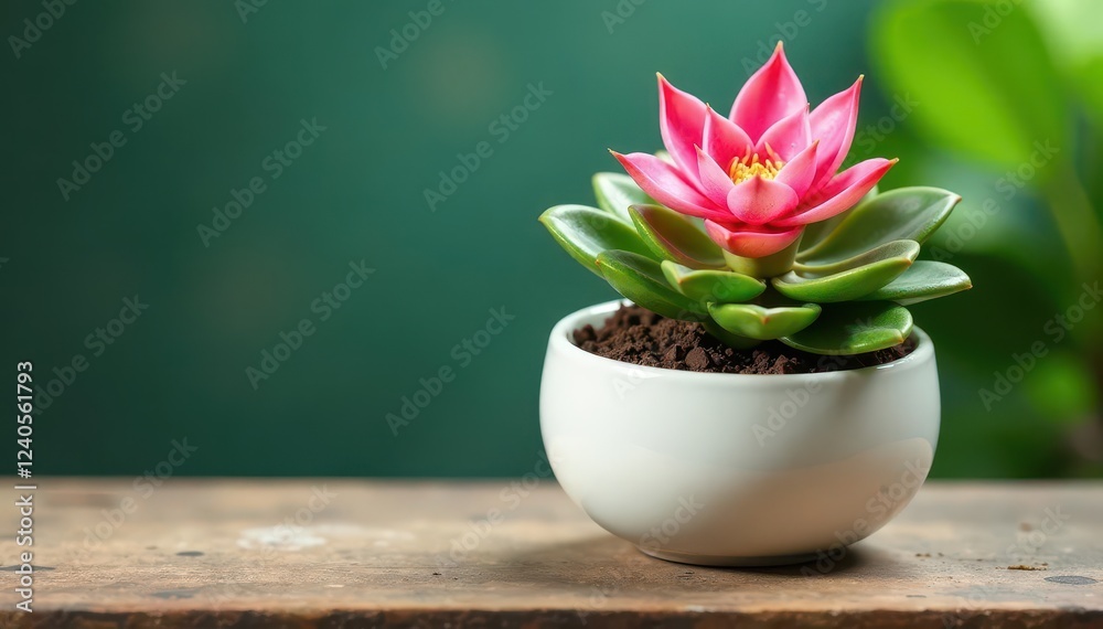 Fototapeta premium Small pink bromeliad plant in a unique white ceramic pot, greenery, pink, flowers