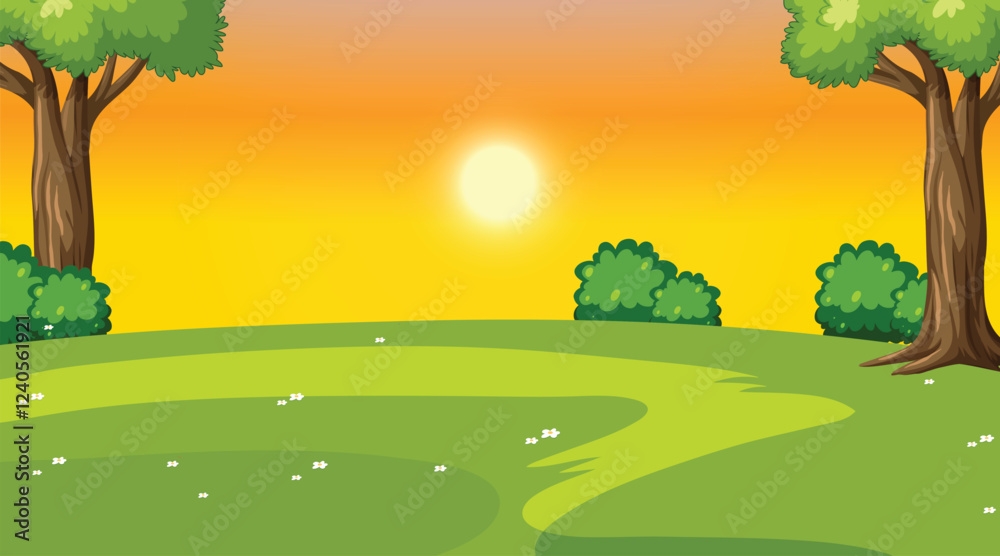 Obraz premium Mountain lake landscape vector illustration. Cartoon flat panorama of spring summer beautiful nature, green grasslands meadow with flowers, forest, scenic blue lake and mountains on horizon background