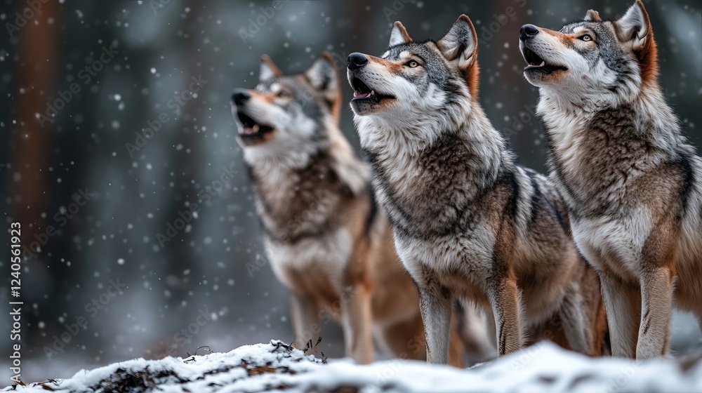 Obraz premium Three wolves howling in the snow