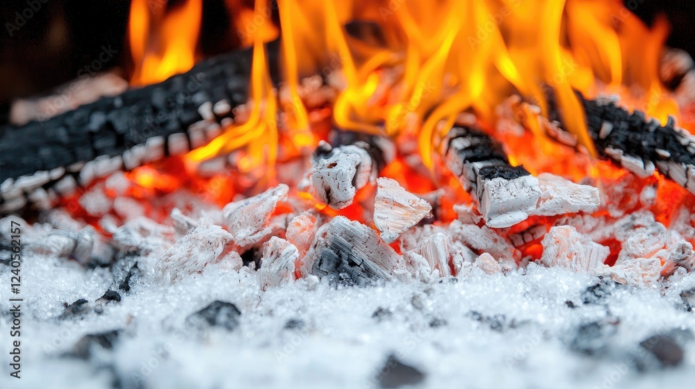 Embers glowing in fireplace, winter scene Embers glowing in fireplace, winter scene