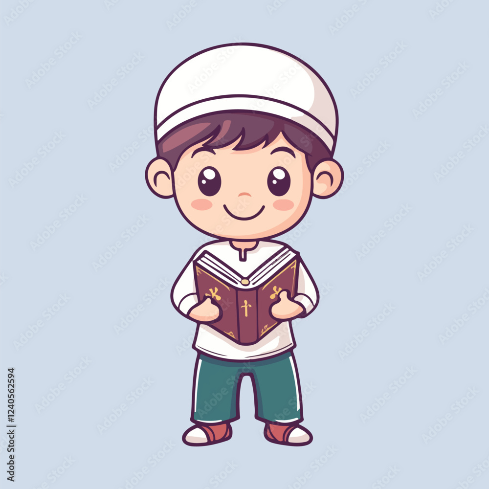 Cartoon Cute Moslem Boy hand Holding Holy Quran vector illustration Cartoon Cute Moslem Boy hand Holding Holy Quran vector illustration