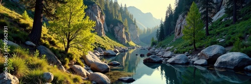 Small trees thrive in shaded areas around granite boulders, Forest, Little Cottonwood Canyon, Branches photo
