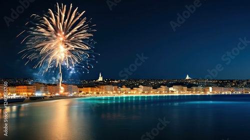 Stunning fireworks display over a scenic coastal city at night