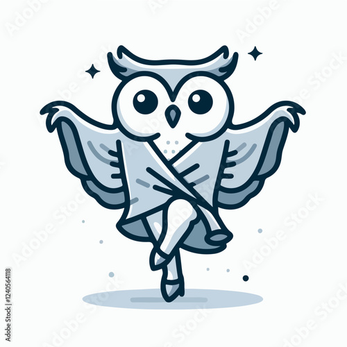 Owl in a Dress: A playful and stylish owl, dressed in a charming outfit with her wings spread wide, exudes an air of confidence and grace. The illustration is rendered in a clean and minimalist style.