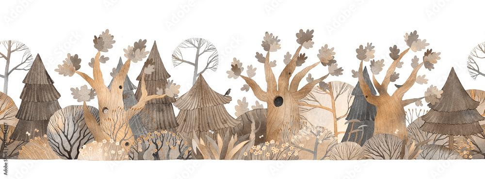 custom made wallpaper toronto digitalWatercolor illustration. Cute forest. Green park. Forest view. Horizontal repeating border.