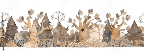 Wallpaper Mural Watercolor illustration. Cute forest. Green park. Forest view. Horizontal repeating border. Torontodigital.ca