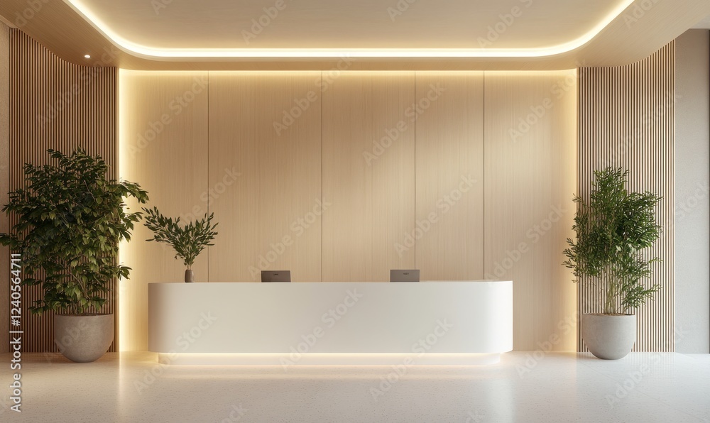 Fototapeta premium Modern Minimalist Reception Desk Design: Serene Office Lobby Interior