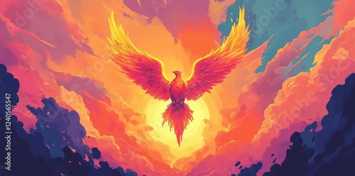 Fiery Phoenix Soaring Through Sunset Cloudscape