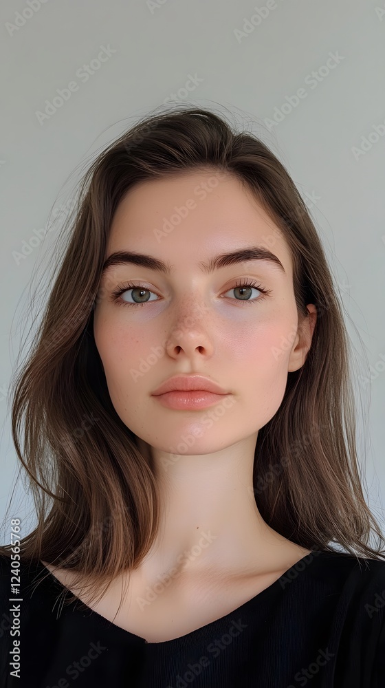 58. A close-up of a face showing pronounced cheekbones and a slightly pointed chin, minimal makeup, white background 58. A close-up of a face showing pronounced cheekbones and a slightly pointed chin, minimal makeup, white background