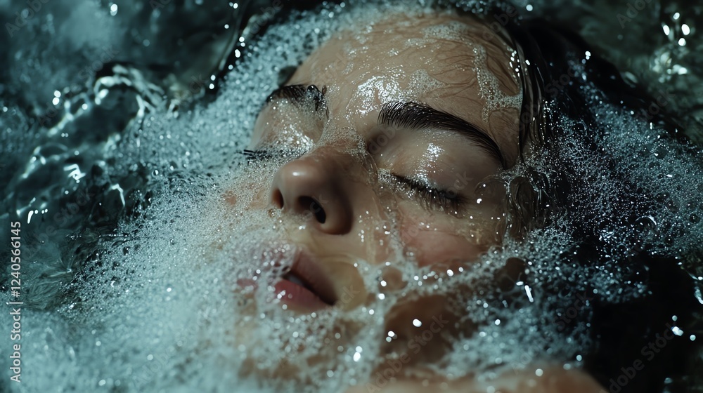Fototapeta premium A peaceful shot of a European woman shampooing her hair, with water cascading down, and space for a hair care brand