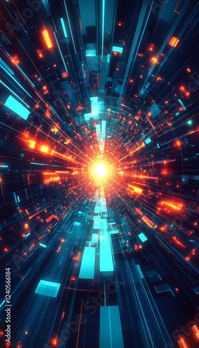 Abstract Digital Tunnel, Bright Center, Blue and Orange Bokeh, Graphic Design Element