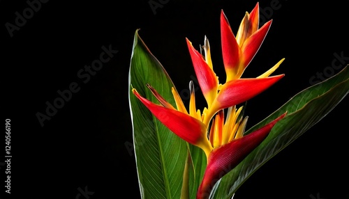 close up of Heliconia Colinsiana flower, black background, copy space