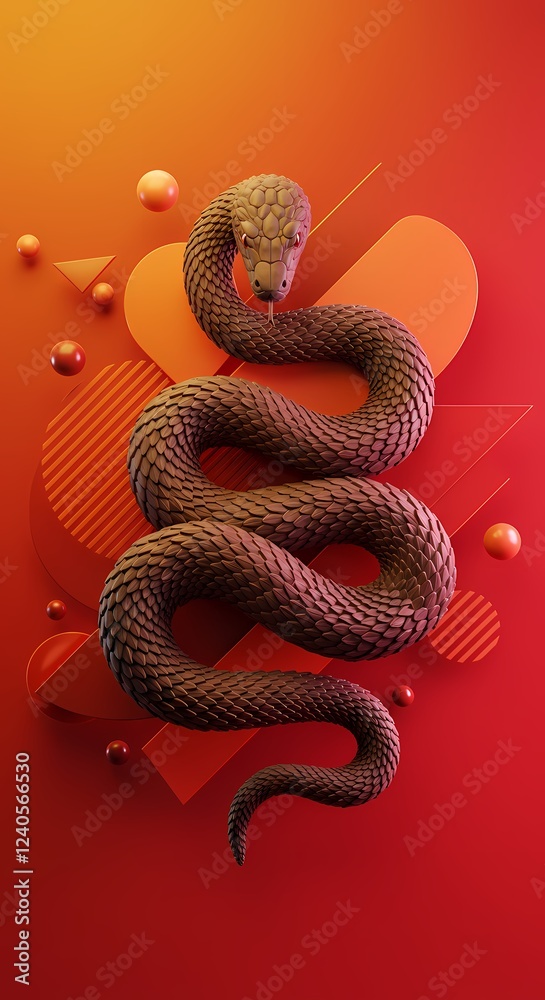 Obraz premium Striking 3D Render of a Brown Snake Coiled on an Abstract Red and Orange Geometric Background