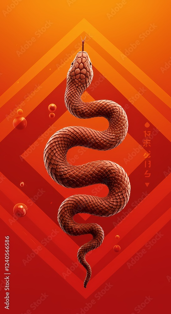 Obraz premium Red Snake Abstract Art Digital Illustration of a Copperhead on Red Background