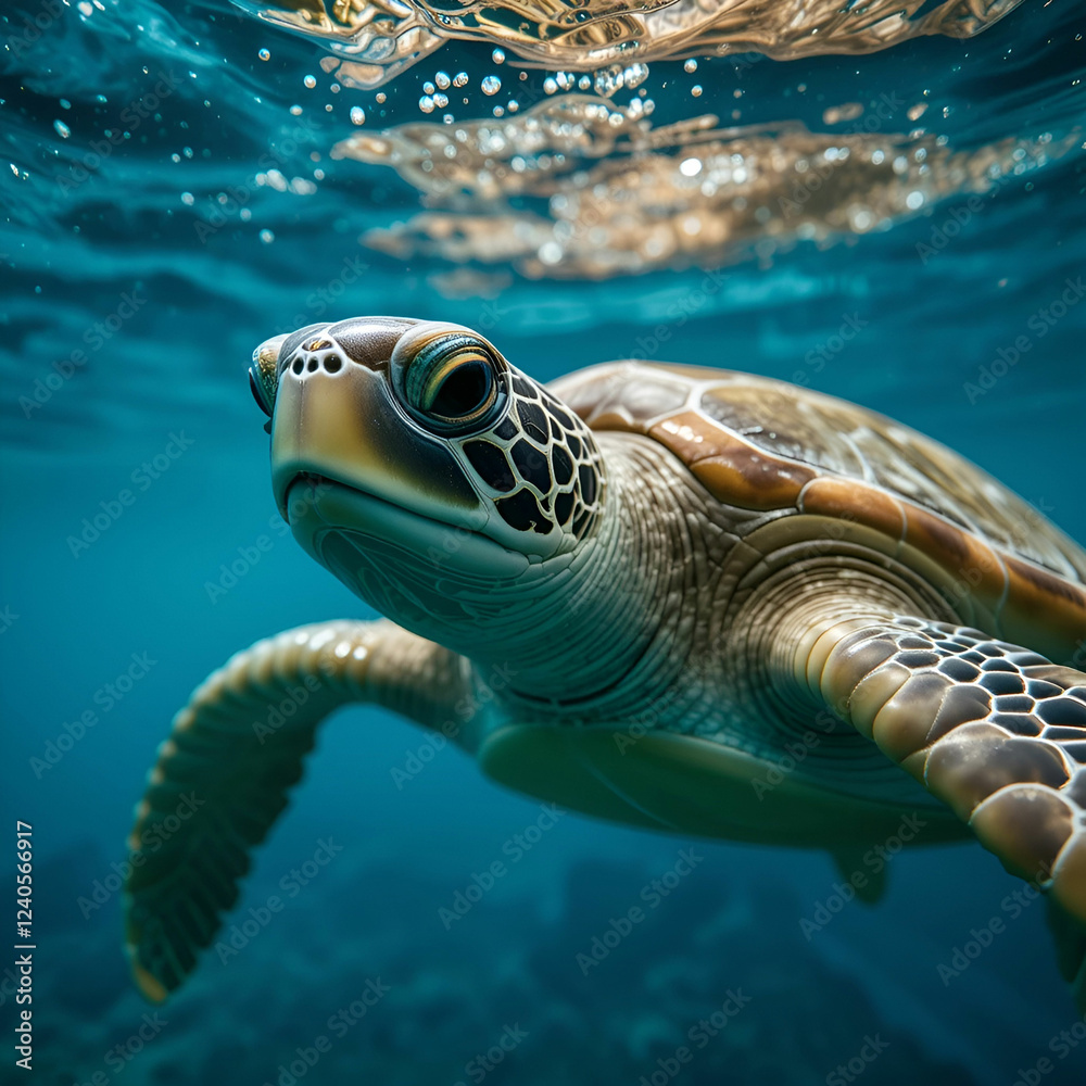 Fototapeta premium Closeup of a green sea turtle swimming underwater under the lights