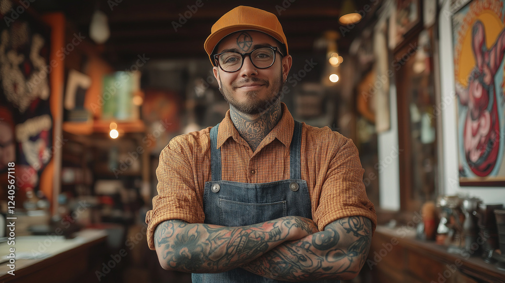 A tattoo artist in a trendy urban studio with vibrant tattoo designs on the walls, standing confidently with a creative aura A tattoo artist in a trendy urban studio with vibrant tattoo designs on the walls, standing confidently with a creative aura