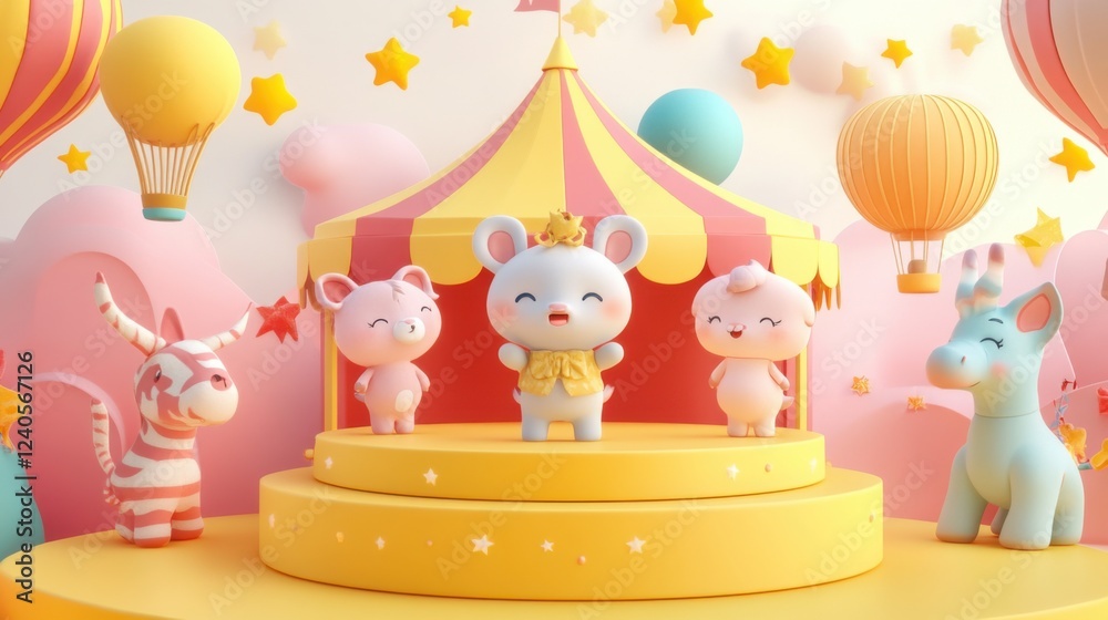 Obraz premium Adorable Animal Circus Show: A Whimsical 3D Render of Cute Cartoon Animals Performing on a Stage Underneath a Big Top Tent with Hot Air Balloons and Stars.