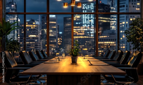 Night Cityscape View from Modern Conference Room