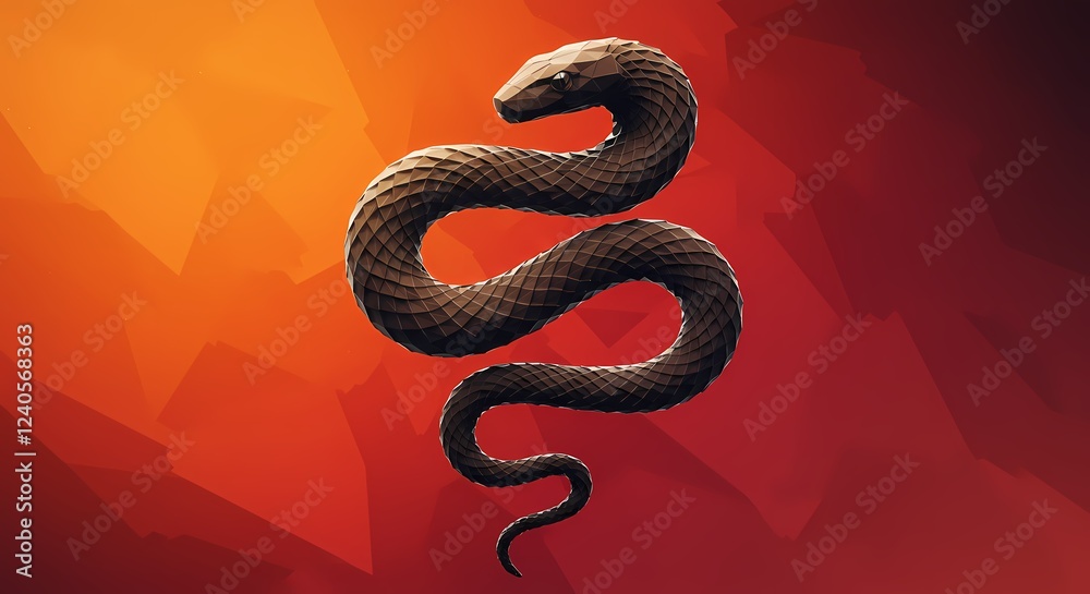 Obraz premium Abstract Low Poly Snake Design Dark Brown Reptile on Red Background 3D Render