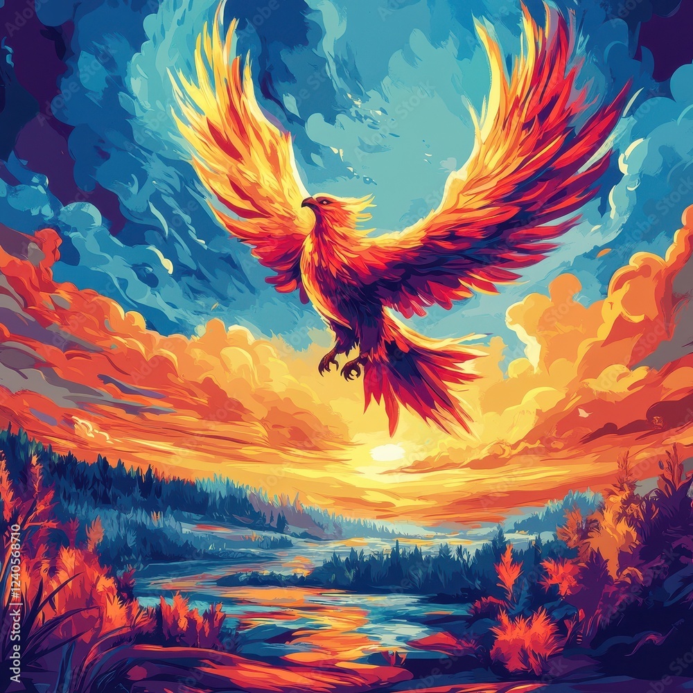 custom made wallpaper toronto digitalFiery Phoenix Soaring Above Sunset Landscape