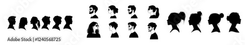 A collection of modern illustrations featuring male and female profiles, including silhouette heads, avatar faces, and person icons.