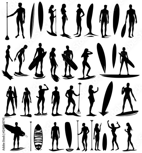 A contemporary collection of surfing silhouettes featuring men, women, and children on surfboards.