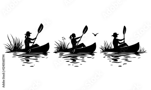 A lovely Native American woman glides in a traditional canoe - an Indian girl in a pirogue, represented in a sleek black silhouette against water waves.