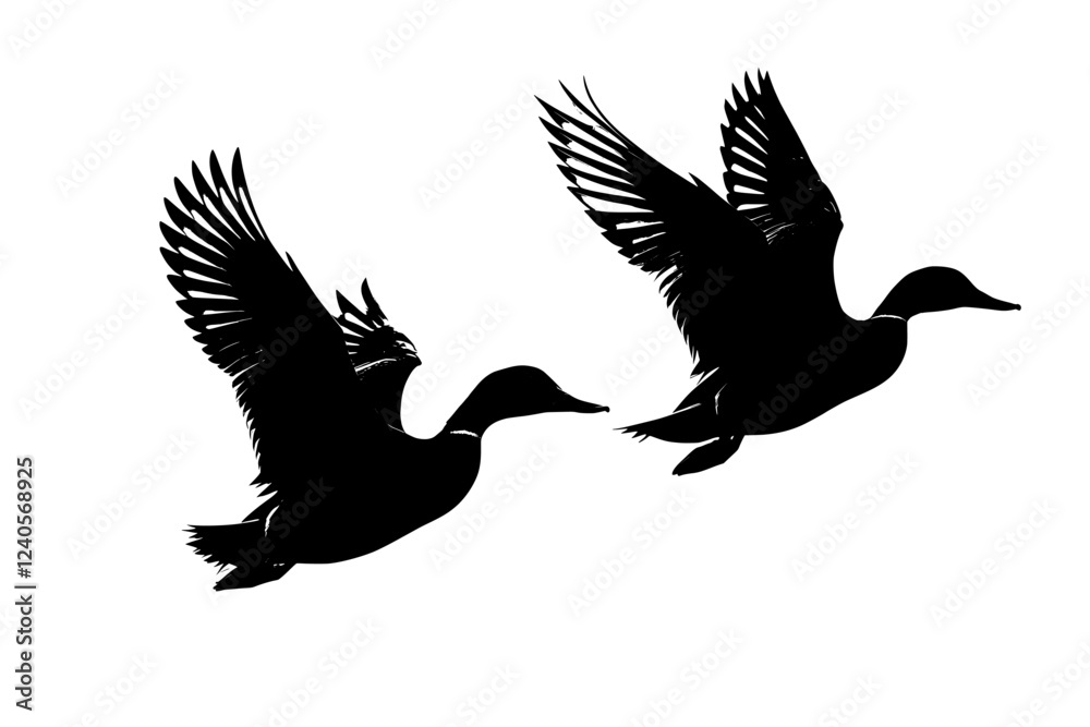 Fototapeta premium Three geese in flight depicted as silhouettes against a white canvas.