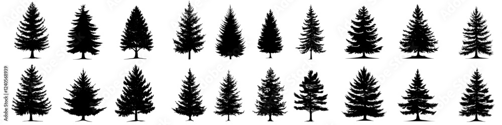 Obraz premium A contemporary monochrome illustration of vintage trees and forest outlines, highlighting a collection of evergreen coniferous trees.