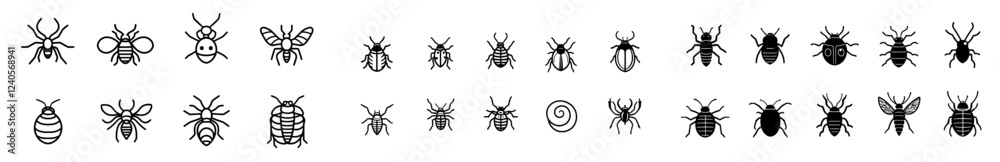 A set of solid silhouette insect icons, isolated and including a ladybug, dragonfly, bug, beetle, and insect infographic elements, designed as a modern modern logo. A set of solid silhouette insect icons, isolated and including a ladybug, dragonfly, bug, beetle, and insect infographic elements, designed as a modern modern logo.