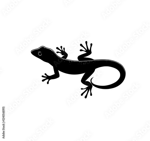 Contemporary isolated single gecko lizard with paws, viewed from above, in a black and white outline silhouette shadow shape.