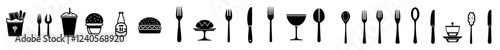 A set of icons featuring a fork, spoon, knife, plate, chef hat, and cloche or tray, designed in line and flat style. These symbols represent dinnerware and are suitable for restaurant signs and