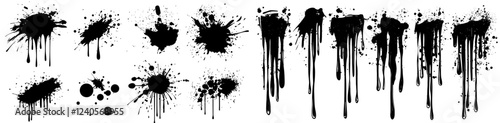 An assortment of spray paint elements, isolated on white, showcasing black ink lines, drips, and splatters. Contemporary street style collection of graffiti spray banners and paint shapes with