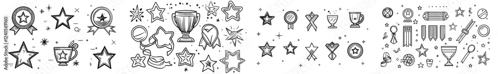 A collection of award icons featuring badges, trophies, cups, ribbons, and medals. This set includes solid icons and modern outline illustrations. A collection of award icons featuring badges, trophies, cups, ribbons, and medals. This set includes solid icons and modern outline illustrations.