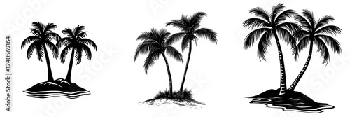 A contemporary design of two black palm tree silhouettes against a white backdrop.