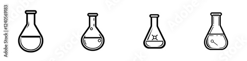A basic black and white icon depicting a chemistry flask containing liquid.