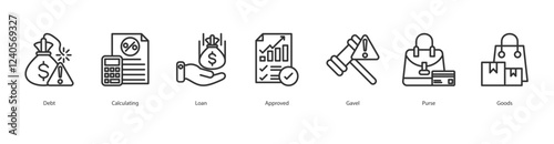 Government Policies Icon Sheet Debt, Calculating, Loan, Approved, Gavel, Purse, Goods