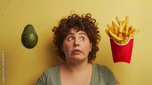 This person looks puzzled between an avocado and a container of fries, highlighting food choices.