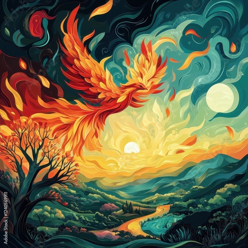 Fiery Phoenix Soaring Above a Serene Landscape