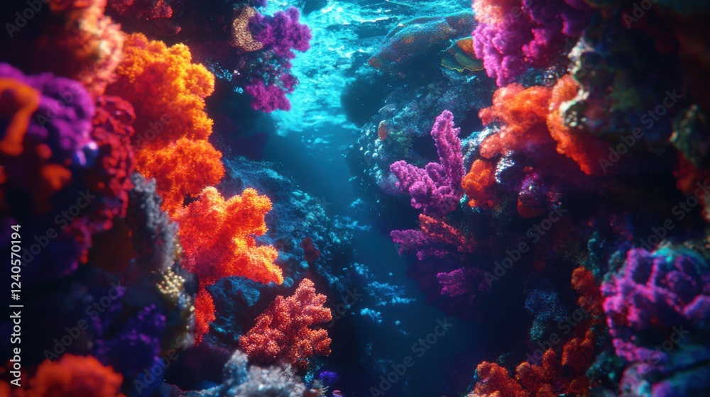 Naklejka premium Vibrant Underwater Coral Reef Scene with Colorful Marine Life