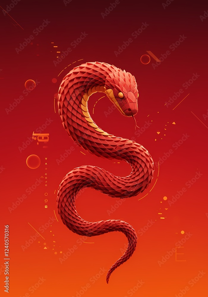 Obraz premium Abstract Red Snake Design Chinese Zodiac Symbol 3D Render Geometric Art